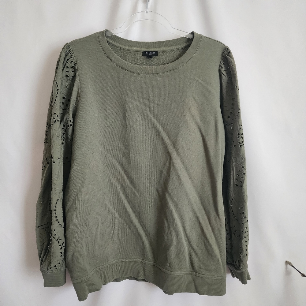 Talbots Plus Olive Green Puff Sleeve Textured Knit Top Light Weight Sweatshirt